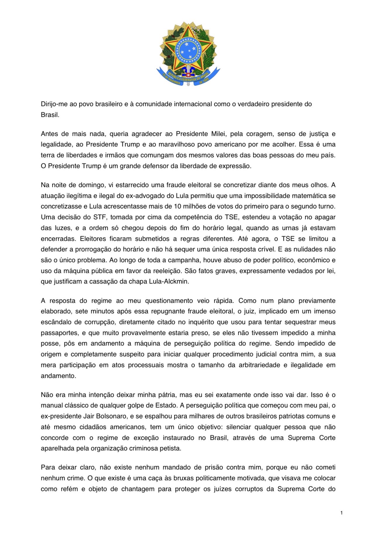 Flávio Bolsonaro se autodeclara o legítimo presidente eleito do Brasil