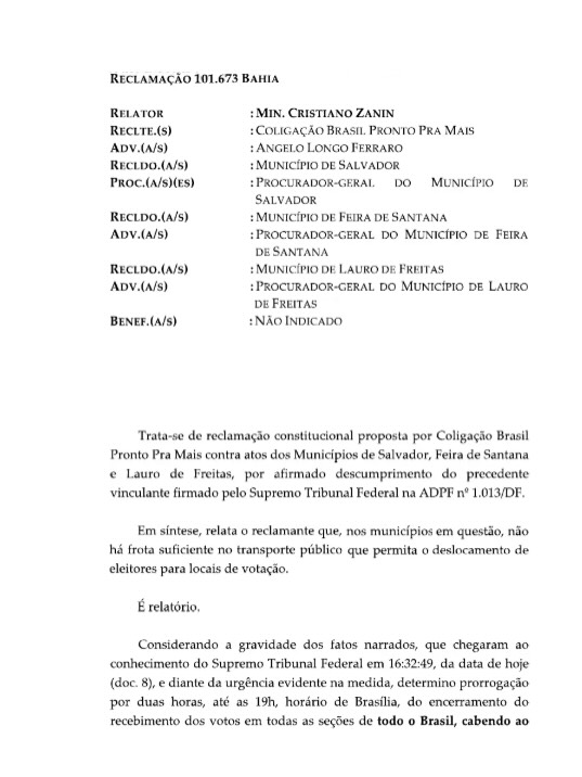 Veja o documento com a decisão de Zanin que amplia a votação em duas horas