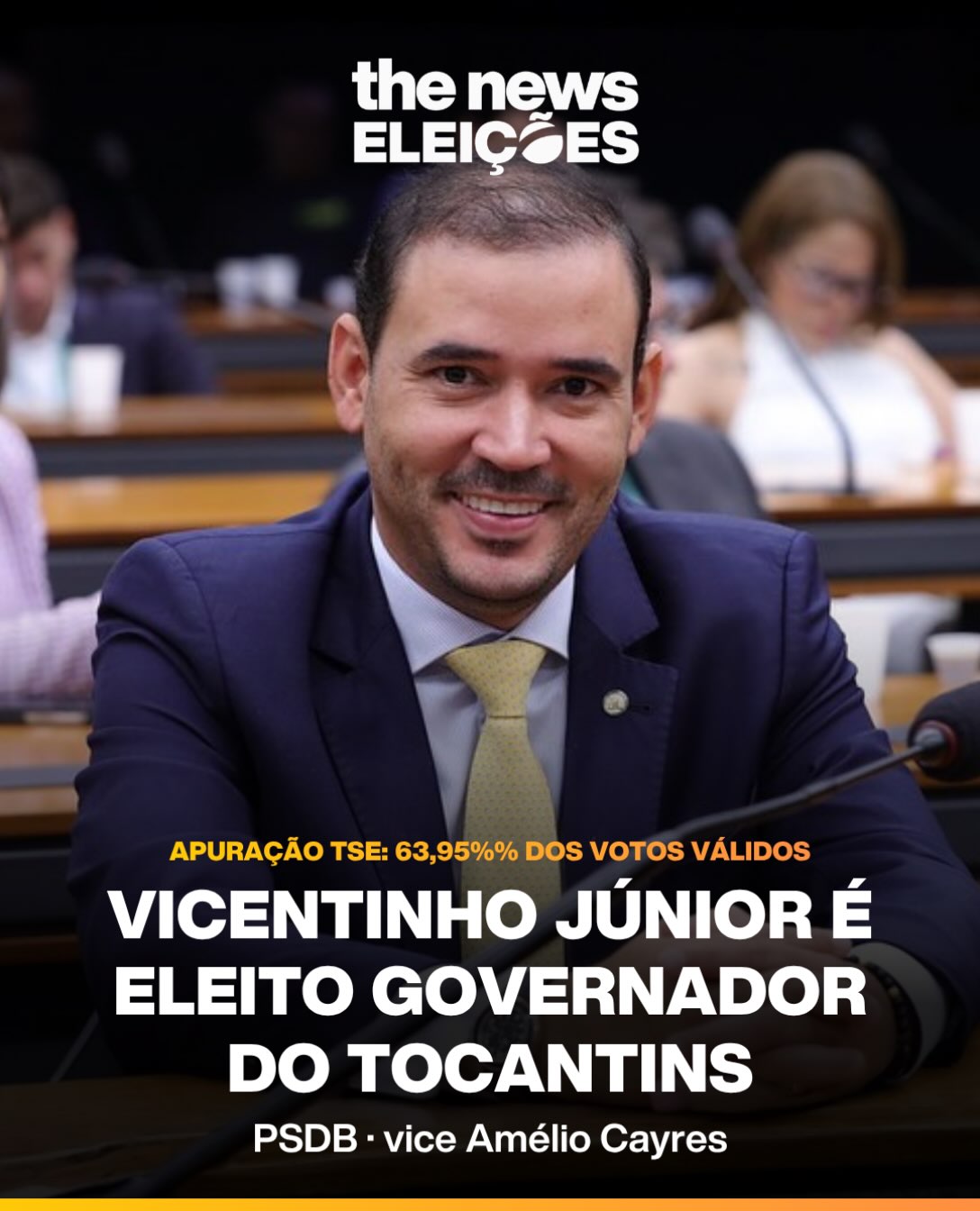 Vicentinho Júnior (PSDB) é eleito governador do Tocantins com 83,96% das urnas apuradas