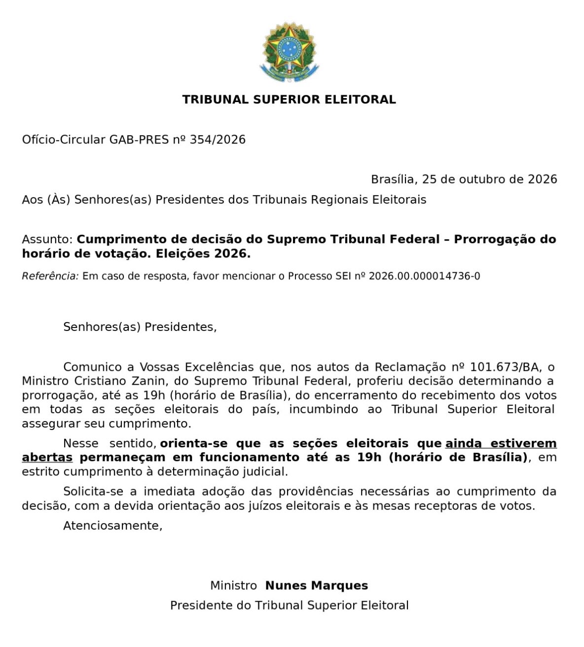 Ofício da Presidência do TSE sobre a prorrogação do horário das Eleições 2026