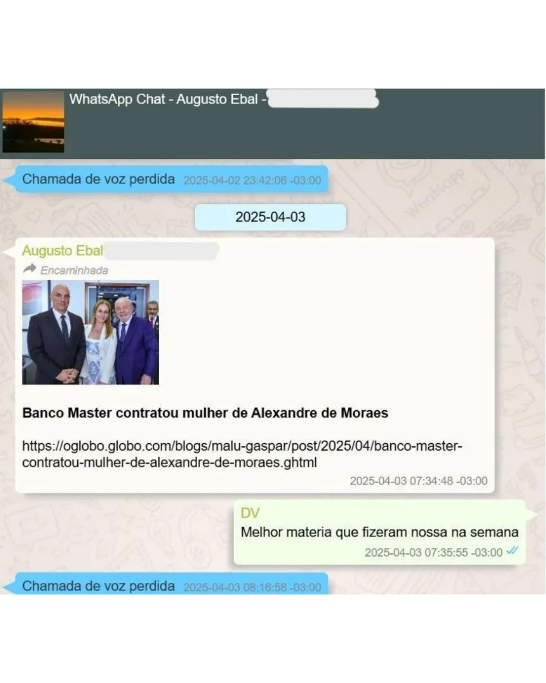 Vorcaro elogiou matéria sobre contrato com mulher de Moraes