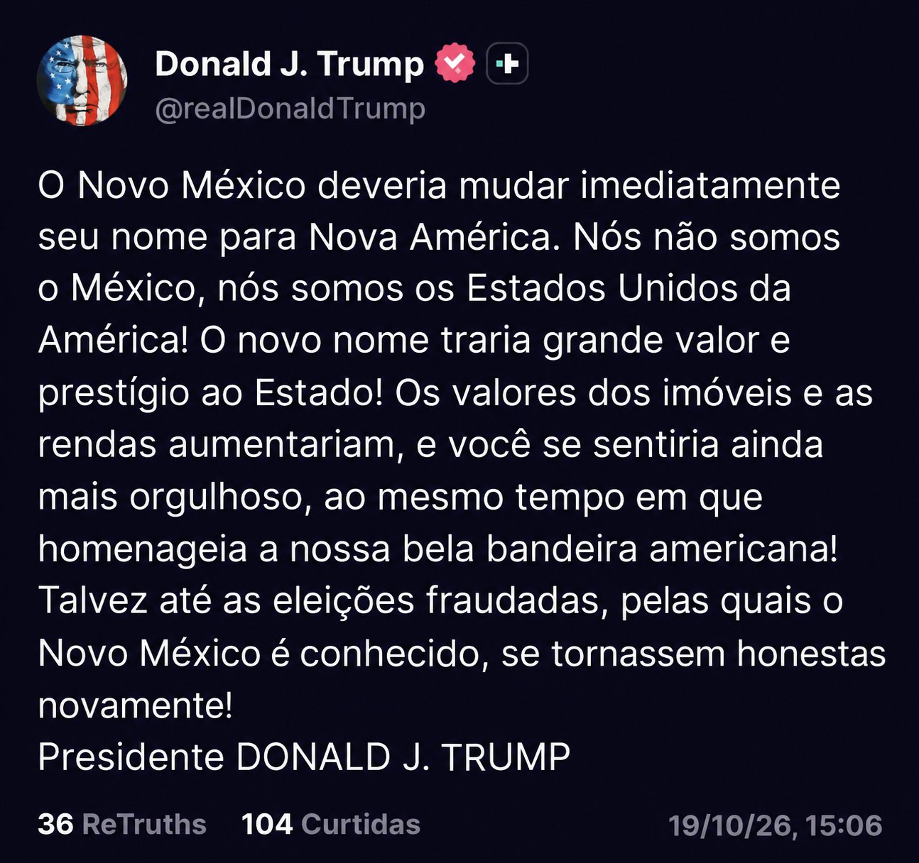 Trump quer que Novo México mude de nome para "Nova América"
